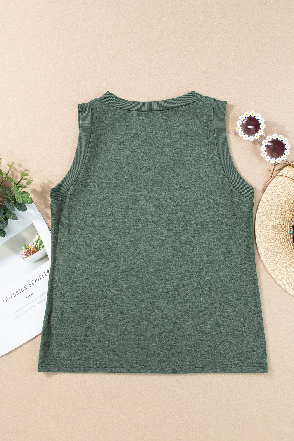 Misty Green Sleeveless Ribbed V Neck Top