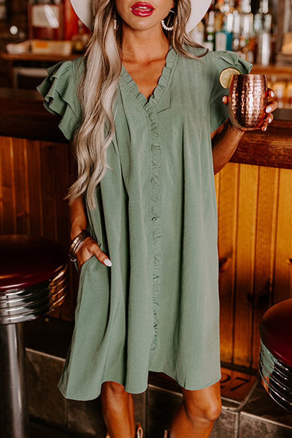 Misty Green V-Neck Ruffle Sleeve Frilled Mini Dress