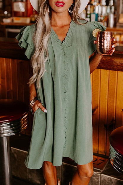 Misty Green V-Neck Ruffle Sleeve Frilled Mini Dress