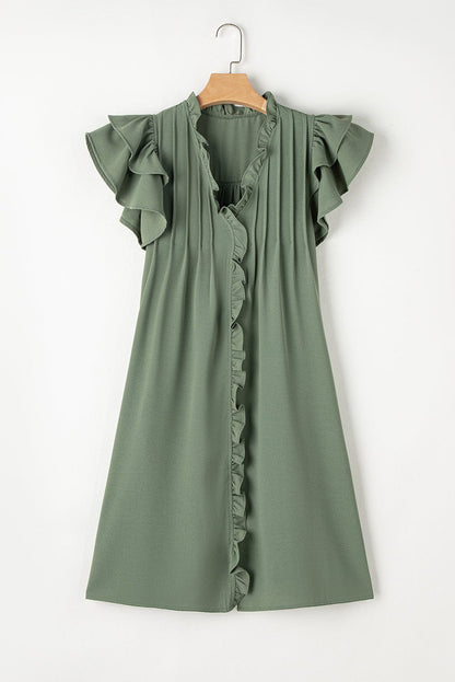 Misty Green V-Neck Ruffle Sleeve Frilled Mini Dress