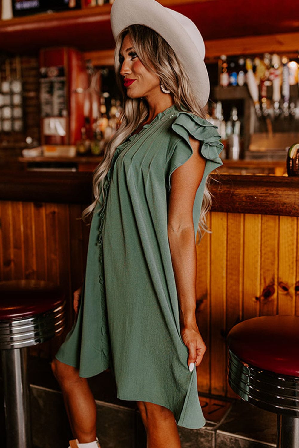 Misty Green V-Neck Ruffle Sleeve Frilled Mini Dress