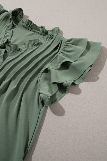 Misty Green V-Neck Ruffle Sleeve Frilled Mini Dress