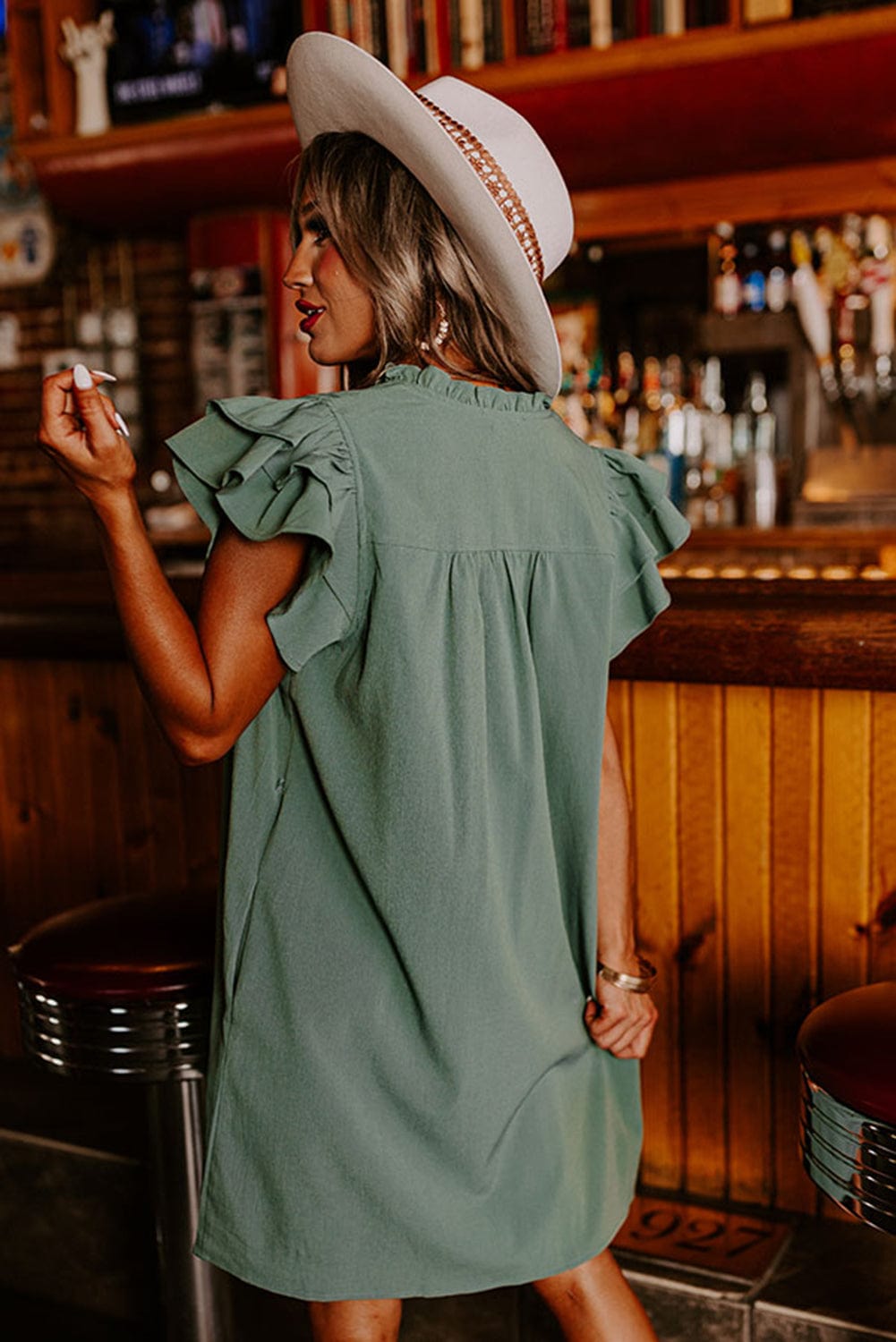 Misty Green V-Neck Ruffle Sleeve Frilled Mini Dress