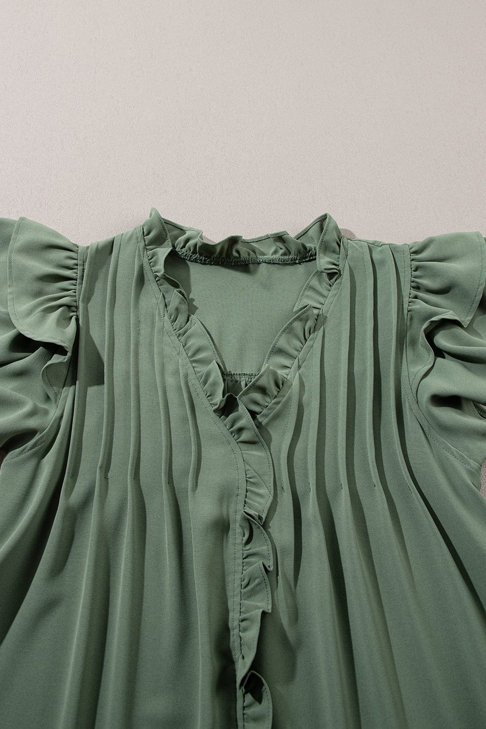 Misty Green V-Neck Ruffle Sleeve Frilled Mini Dress