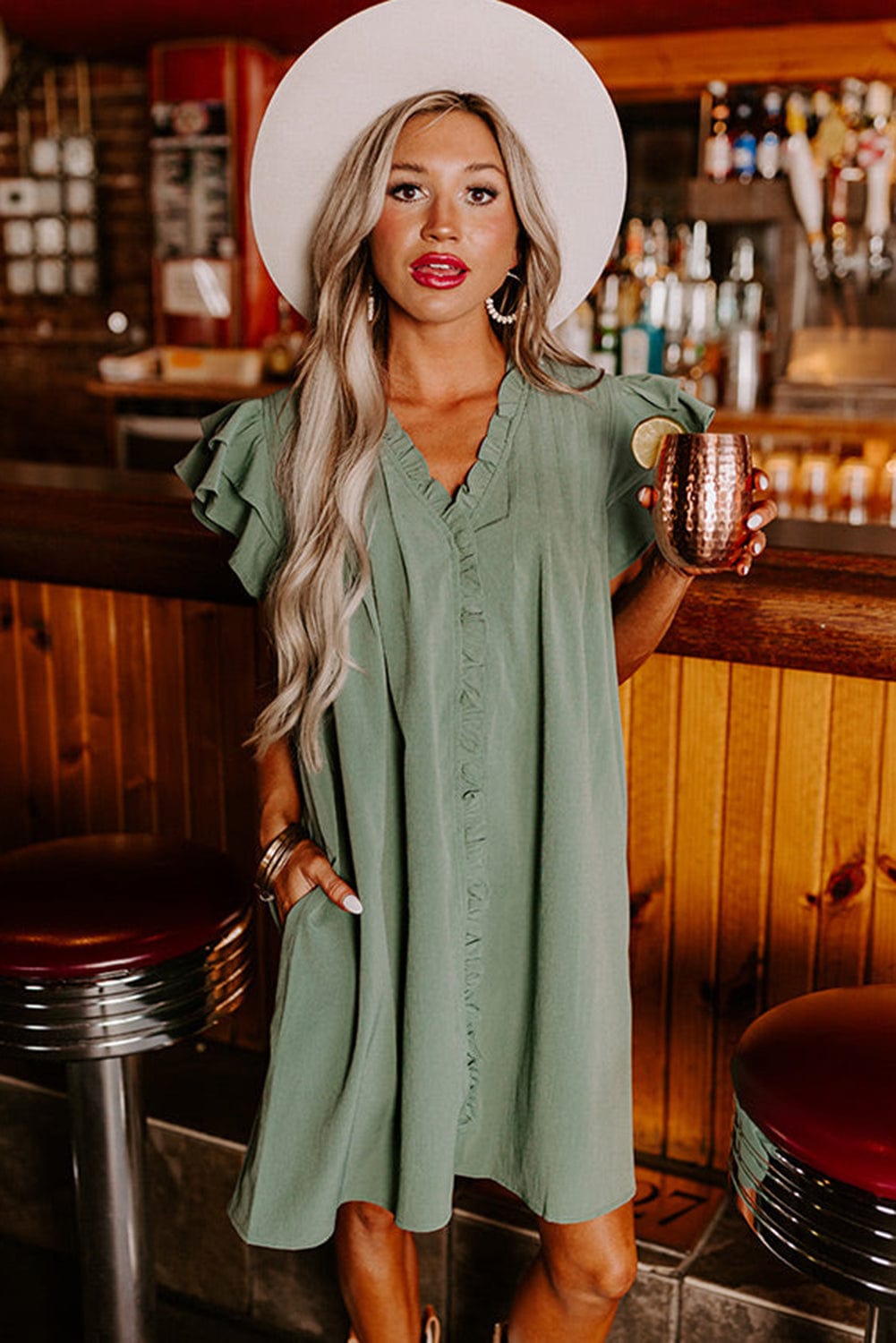 Misty Green V-Neck Ruffle Sleeve Frilled Mini Dress