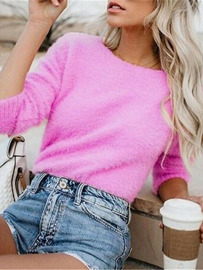 Women's Pullover Sweater Jumper Crew Neck Fuzzy Knit Polyester Oversized Fall Winter Regular Going out Weekend Stylish Casual Soft Long Sleeve Pure Color Black White Army Green S M L