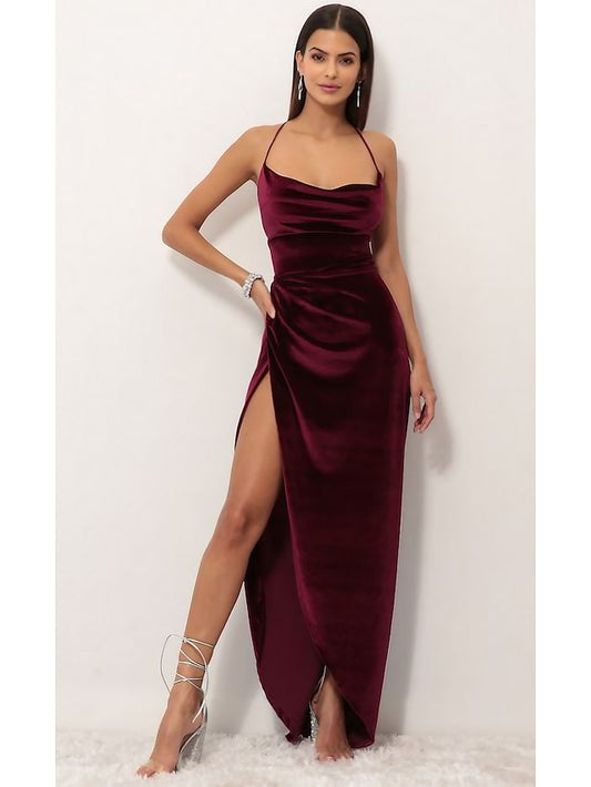 Women's Dress - Party Dress Wedding Guest Dress Velvet Dress Red Long Dress Maxi Dress Purple Red Wine Sleeveless Pure Color Lace up Split Velvet Spring Summer Spaghetti Strap Elegant Sexy Slim S M L XL XXL