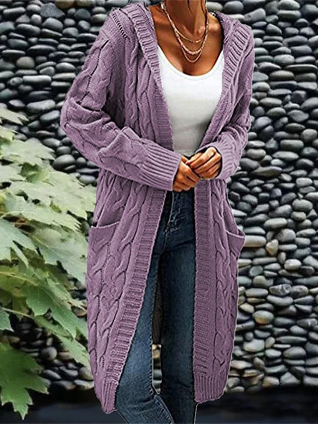 Women's Cardigan Hooded Cable Knit Polyester Pocket Knitted Fall Winter Regular Outdoor Daily Going out Fashion Streetwear Casual Long Sleeve Solid Color Wine Army Green Purple S M L