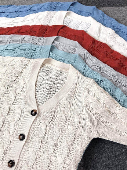 Spring Outfits - Women's Sweater Cardigans & T-Shirt & Bag Set Cable-Knit Buttoned Cardigan with Pockets and Blouse T shirt Tee Basic