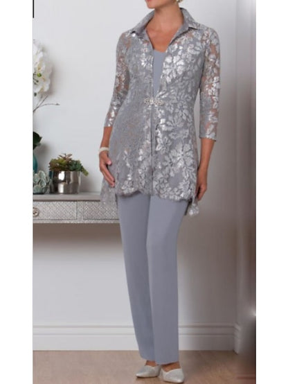 Jumpsuit / Pantsuit 3 Piece Mother of the Bride Dress Formal Plus Size Elegant V Neck Ankle Length Chiffon Lace 3/4 Length Sleeve Wrap Included with Sequin Crystal Brooch 2023 - LuckyFash™