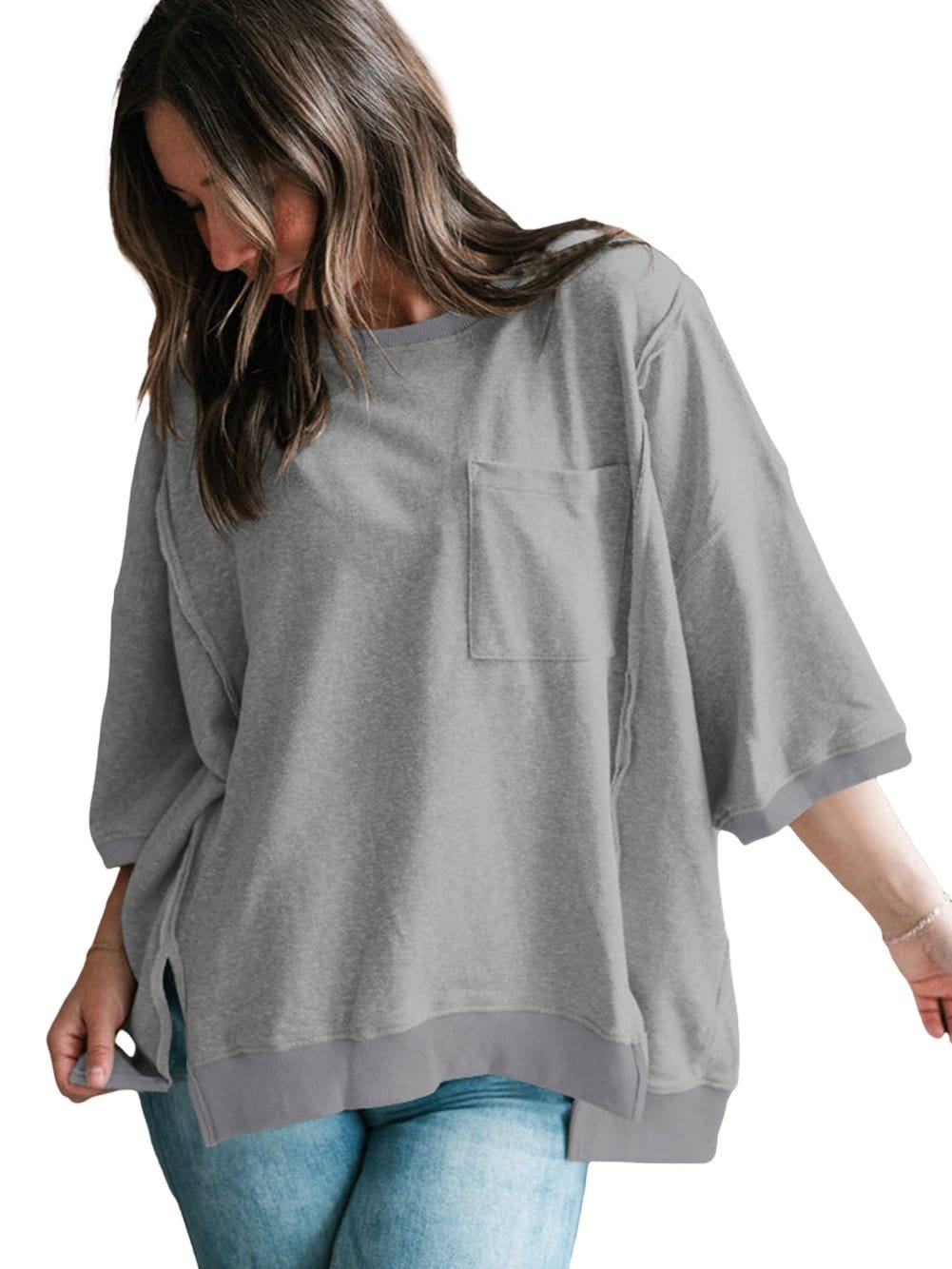 Modern Light Grey Oversized Split Pocket Tee with Exposed Seams