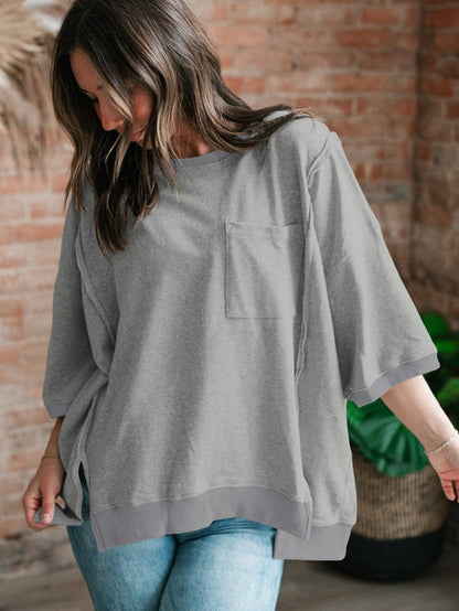 Modern Light Grey Oversized Split Pocket Tee with Exposed Seams