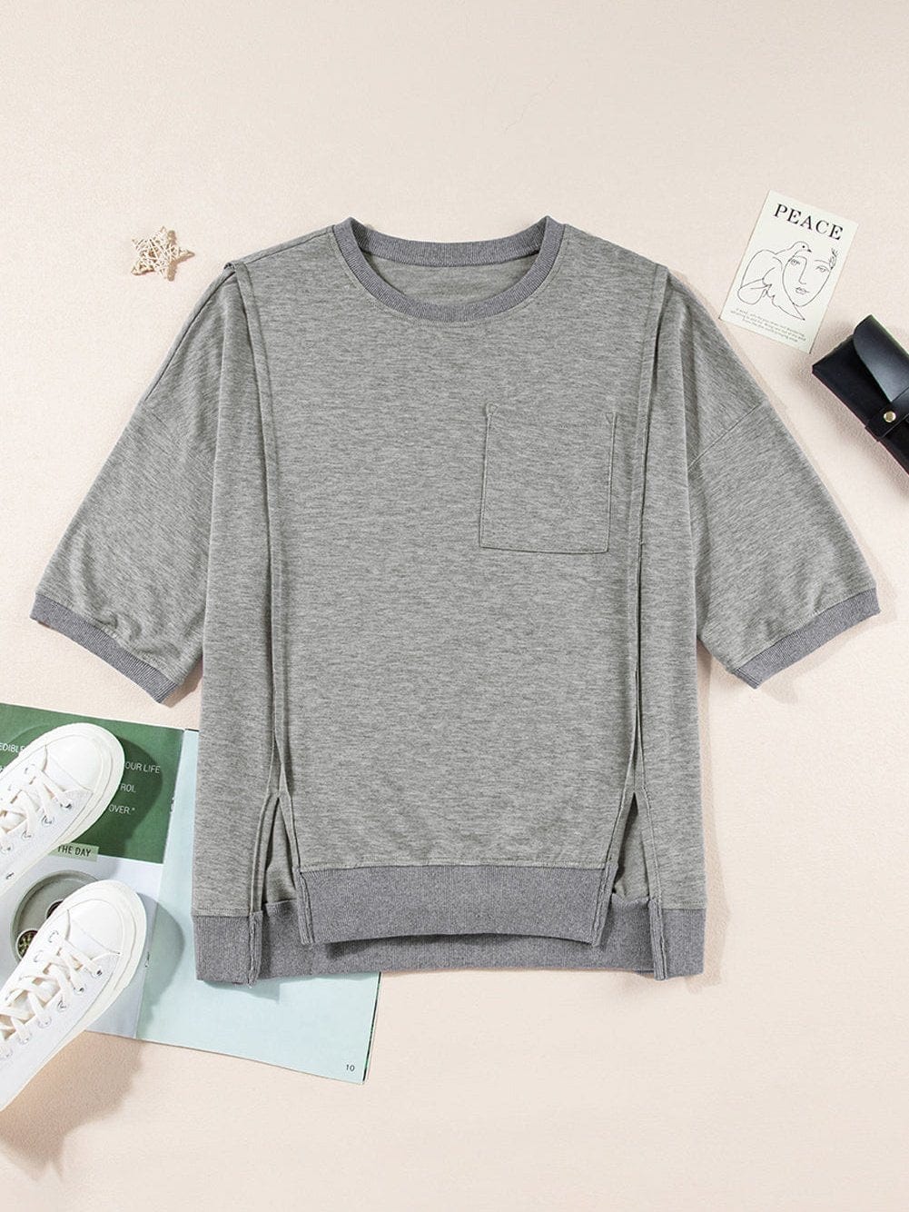 Modern Light Grey Oversized Split Pocket Tee with Exposed Seams