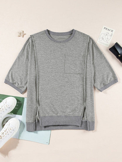 Modern Light Grey Oversized Split Pocket Tee with Exposed Seams