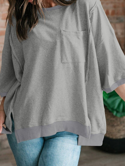 Modern Light Grey Oversized Split Pocket Tee with Exposed Seams