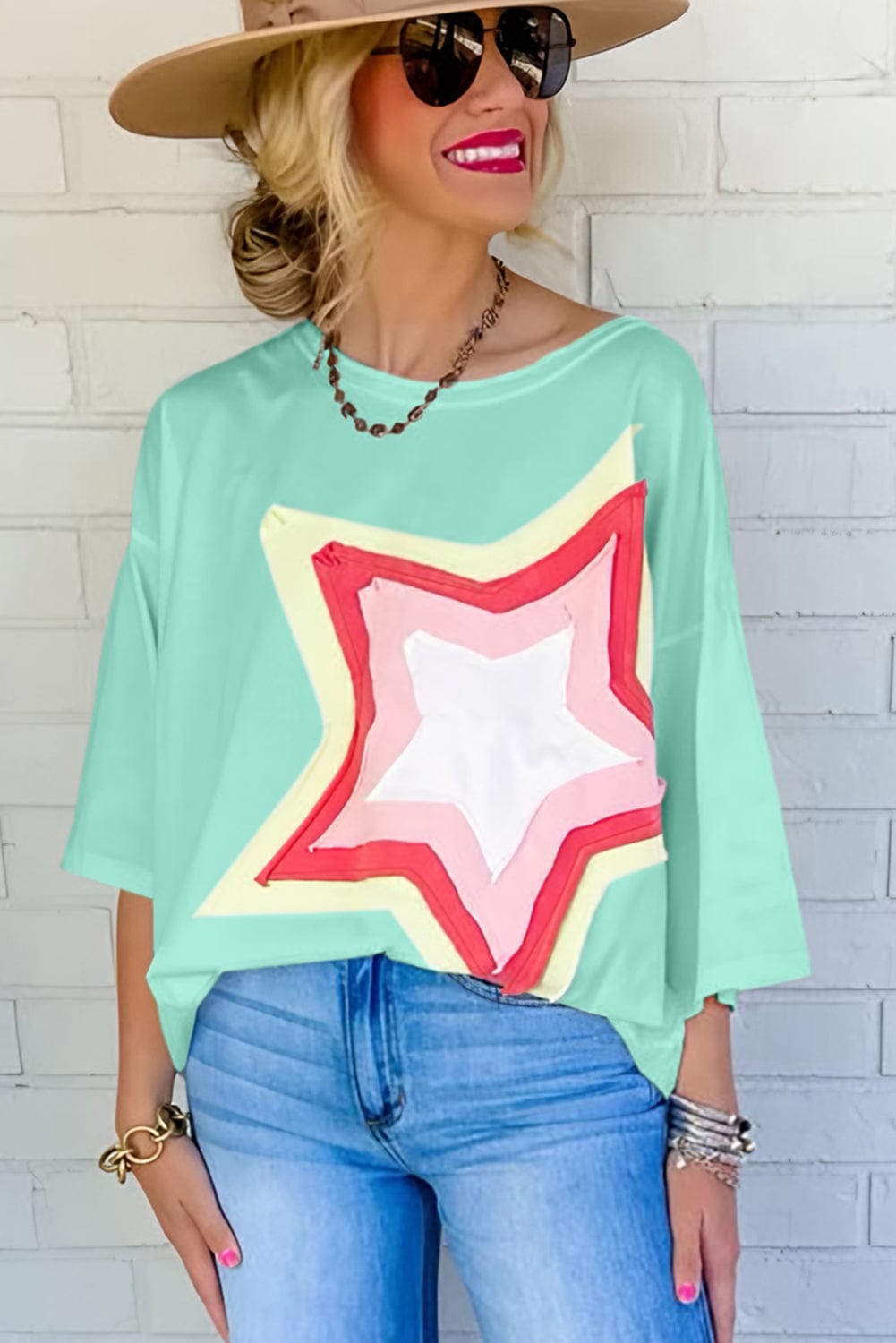 Moonlit Green Starry Colorblock Oversized Tee with Half Sleeves