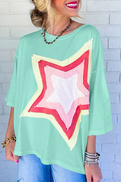 Moonlit Green Starry Colorblock Oversized Tee with Half Sleeves
