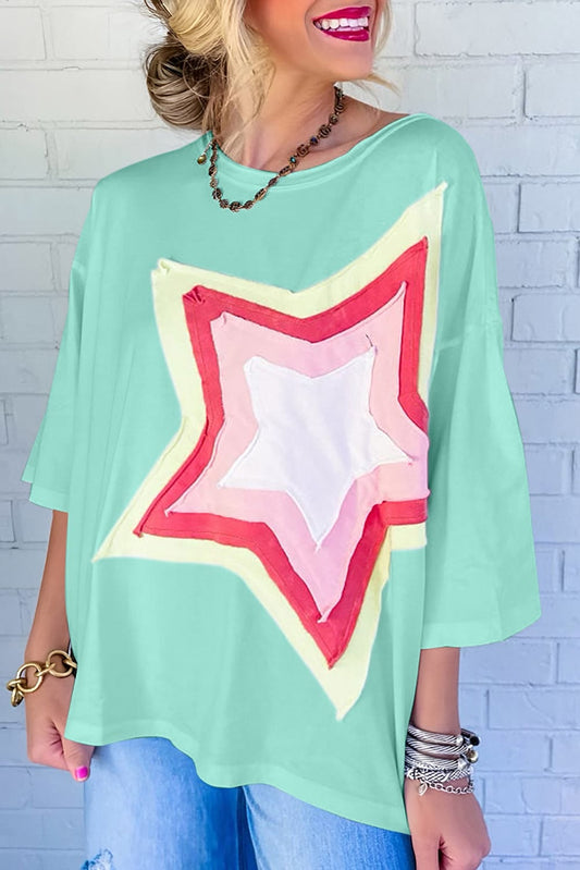 Moonlit Green Starry Colorblock Oversized Tee with Half Sleeves