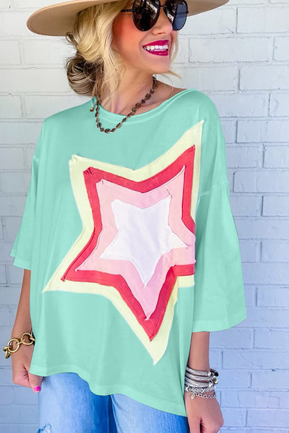 Moonlit Green Starry Colorblock Oversized Tee with Half Sleeves