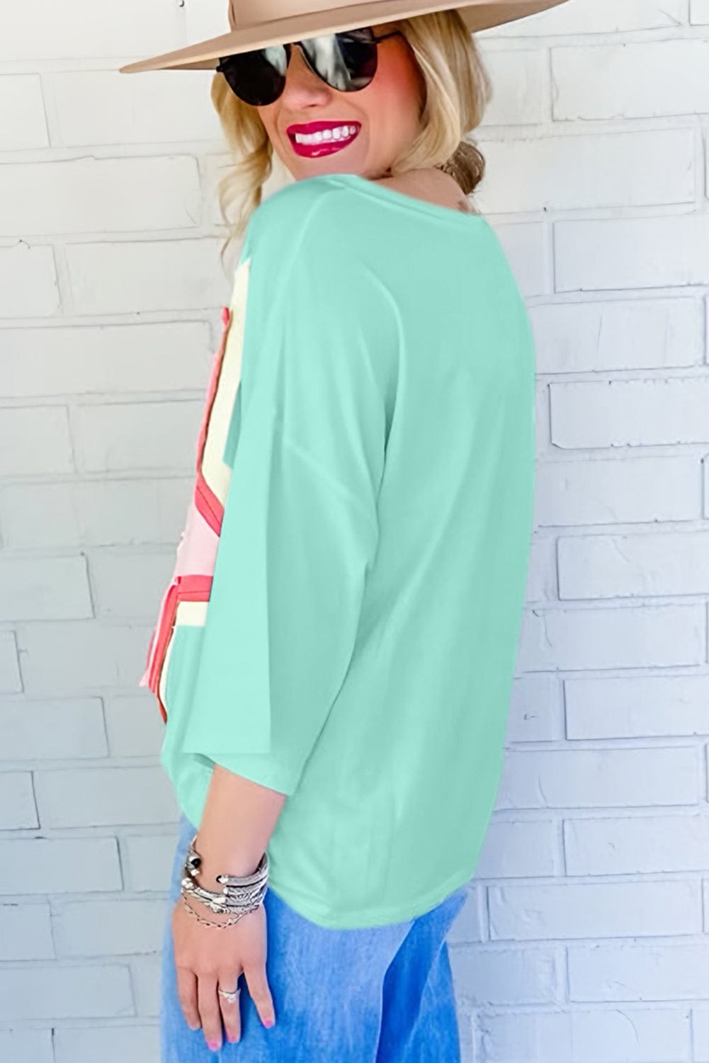 Moonlit Green Starry Colorblock Oversized Tee with Half Sleeves