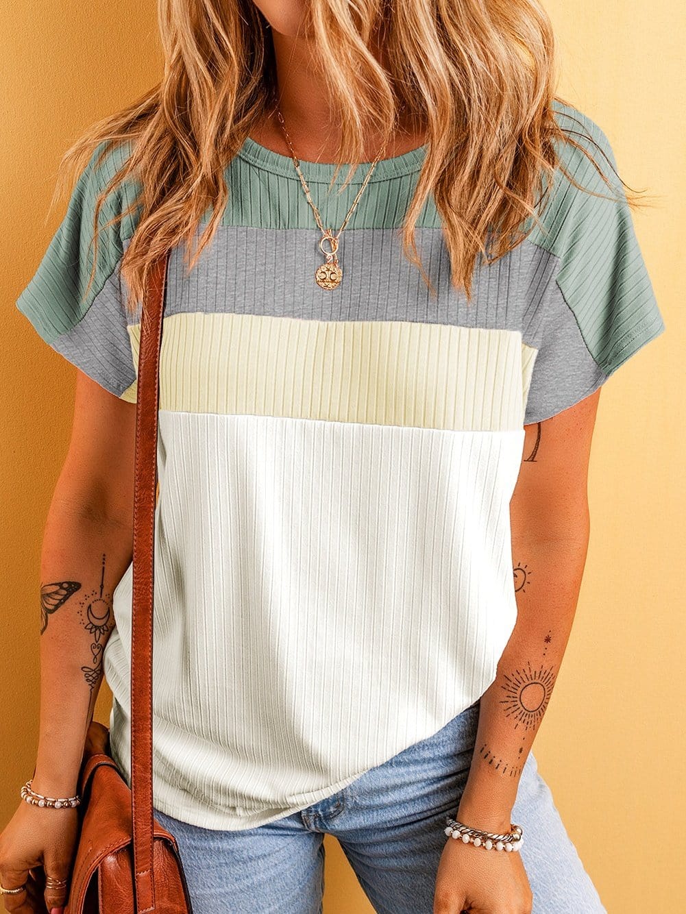 Moonlit Jade Colorblock Ribbed Patchwork Tee