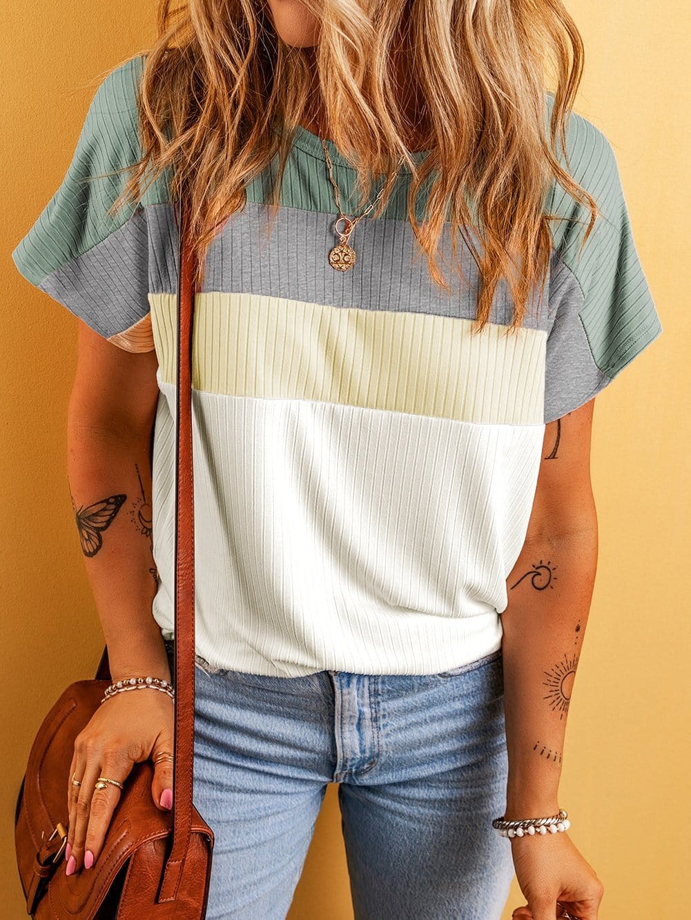 Moonlit Jade Colorblock Ribbed Patchwork Tee