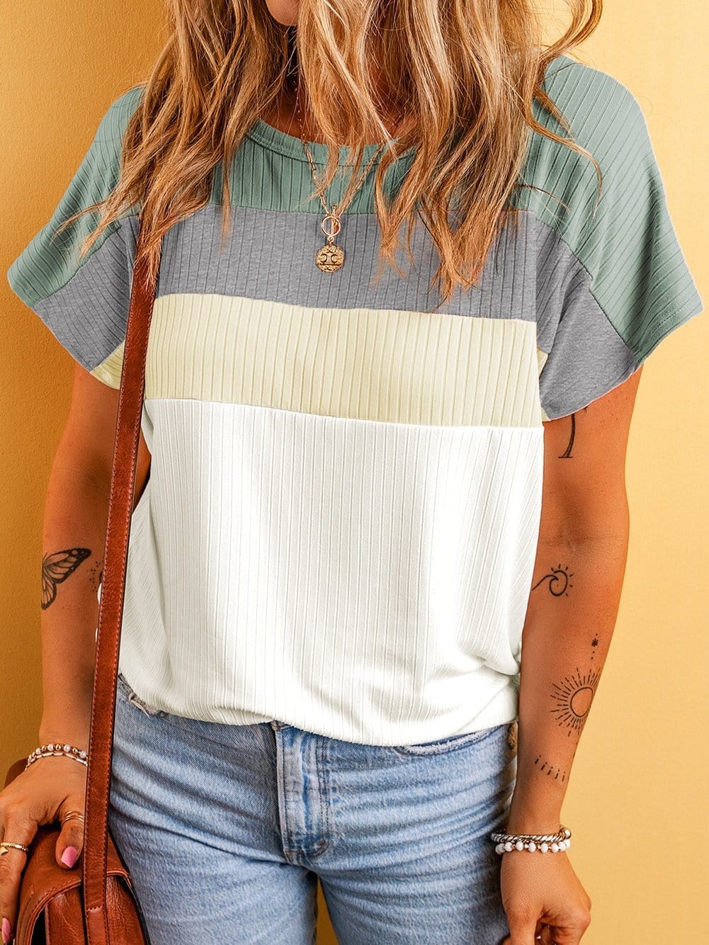 Moonlit Jade Colorblock Ribbed Patchwork Tee