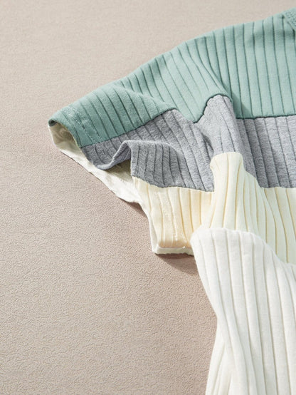 Moonlit Jade Colorblock Ribbed Patchwork Tee