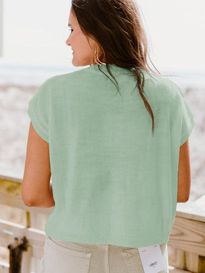 Moonlit Jade Floral Crochet Knit Short Sleeve Sweater Blouse