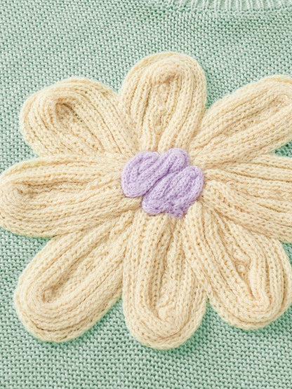 Moonlit Jade Floral Crochet Knit Short Sleeve Sweater Blouse