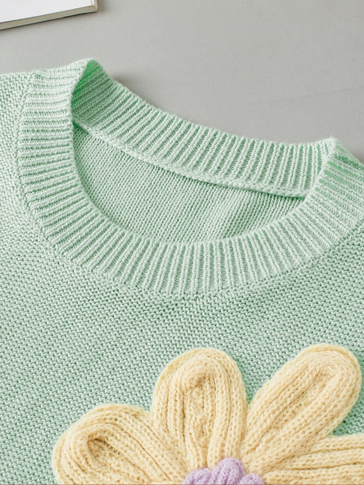 Moonlit Jade Floral Crochet Knit Short Sleeve Sweater Blouse