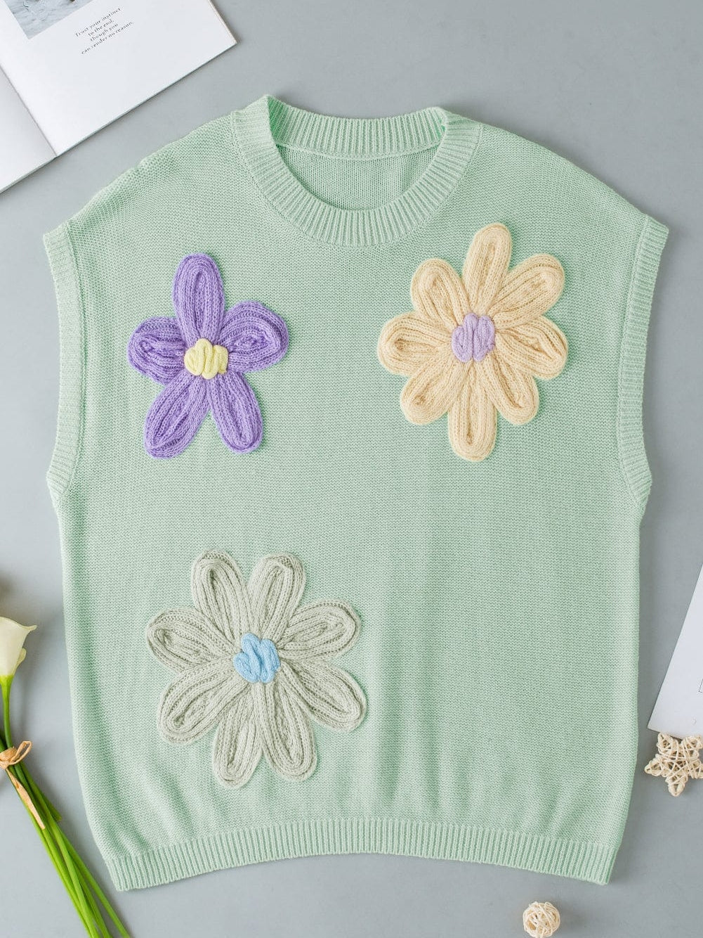 Moonlit Jade Floral Crochet Knit Short Sleeve Sweater Blouse