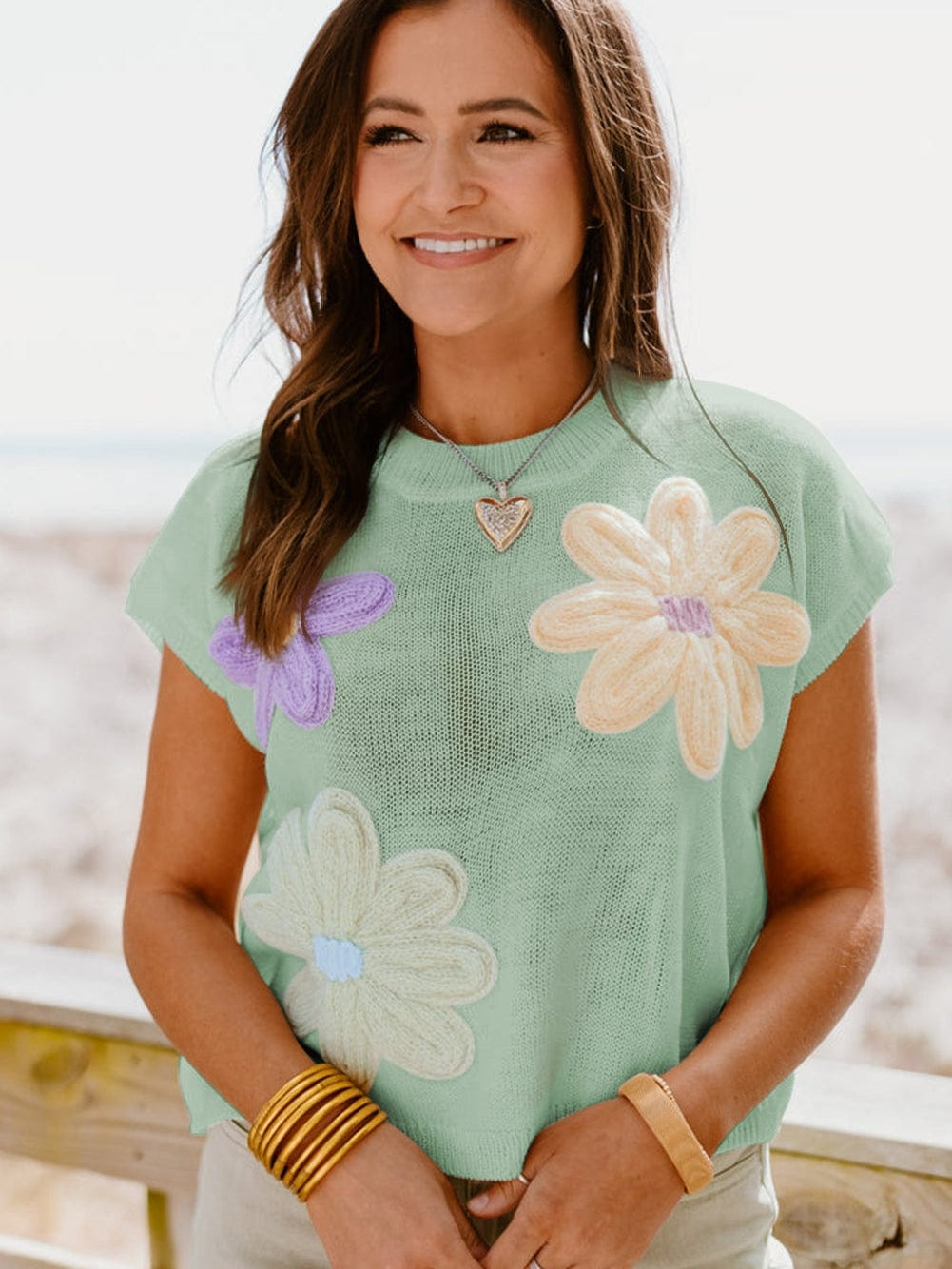 Moonlit Jade Floral Crochet Knit Short Sleeve Sweater Blouse