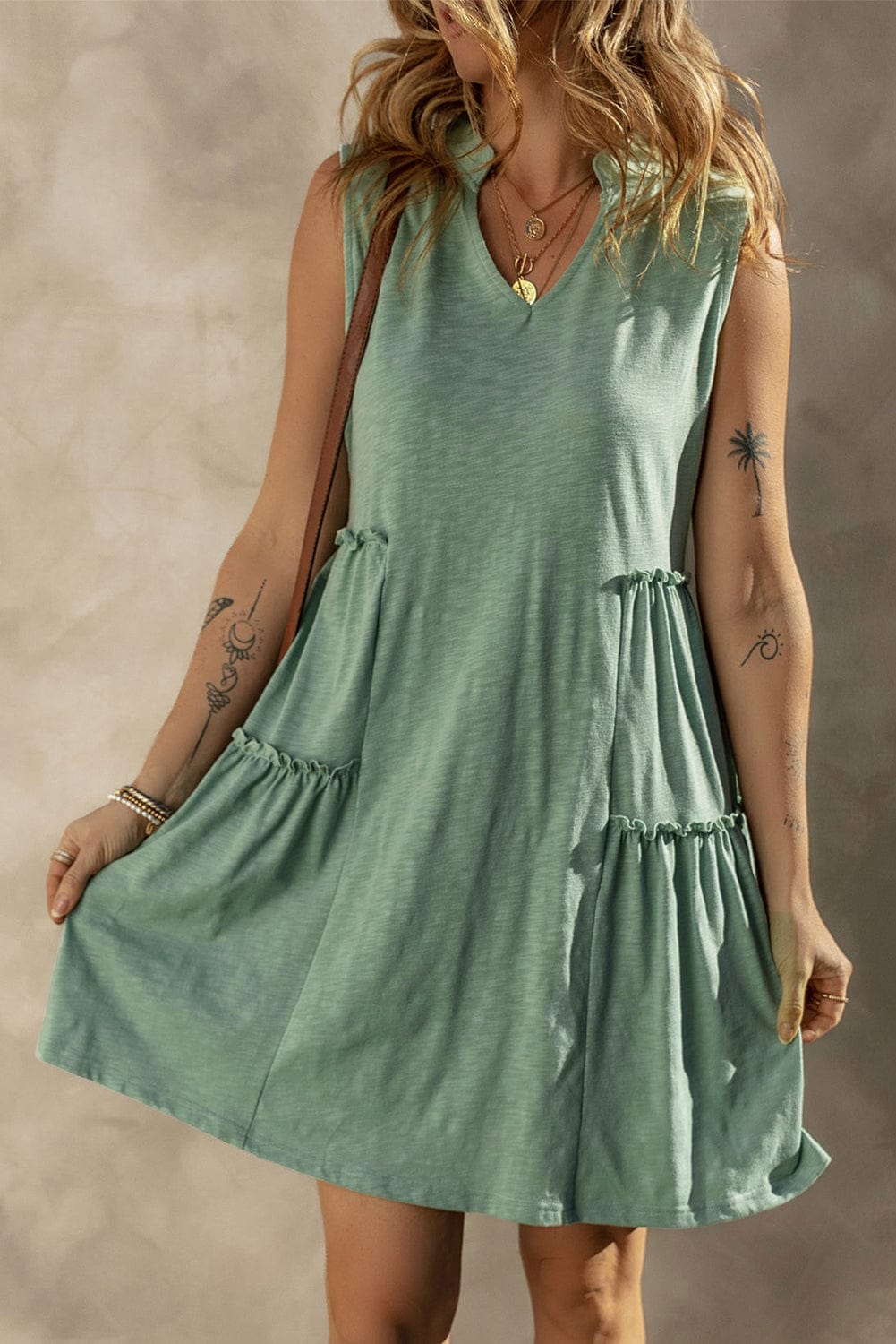 Moonlit Jade Tiered Flowy V-Neck Shift Dress