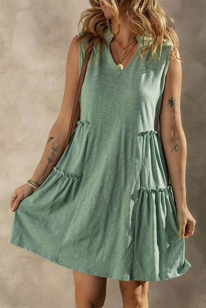 Moonlit Jade Tiered Flowy V-Neck Shift Dress