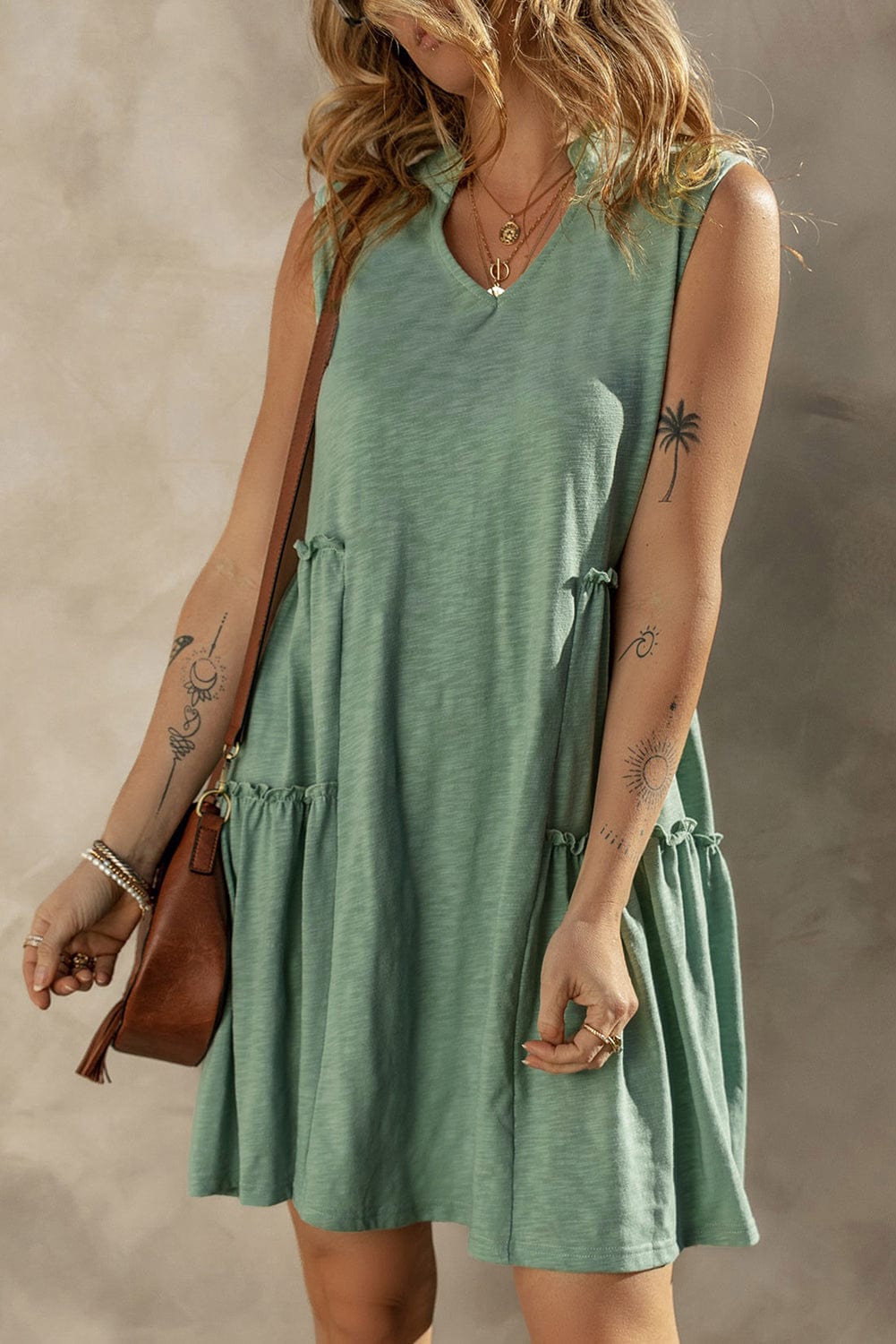 Moonlit Jade Tiered Flowy V-Neck Shift Dress