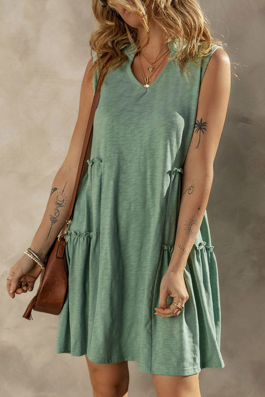 Moonlit Jade Tiered Flowy V-Neck Shift Dress