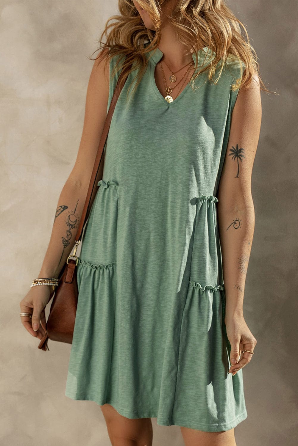 Moonlit Jade Tiered Flowy V-Neck Shift Dress
