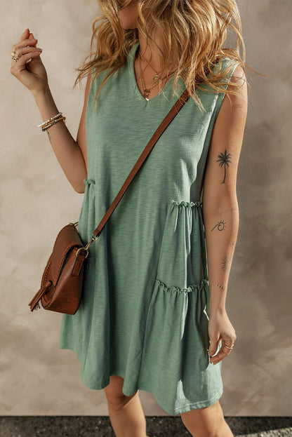 Moonlit Jade Tiered Flowy V-Neck Shift Dress