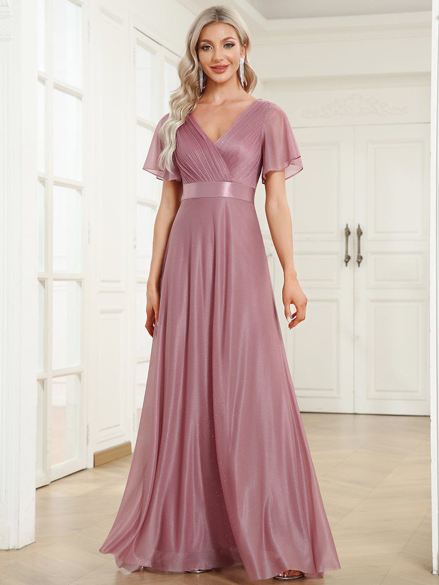 Moonlit V-Neck Ruffle Sleeved Evening Dress