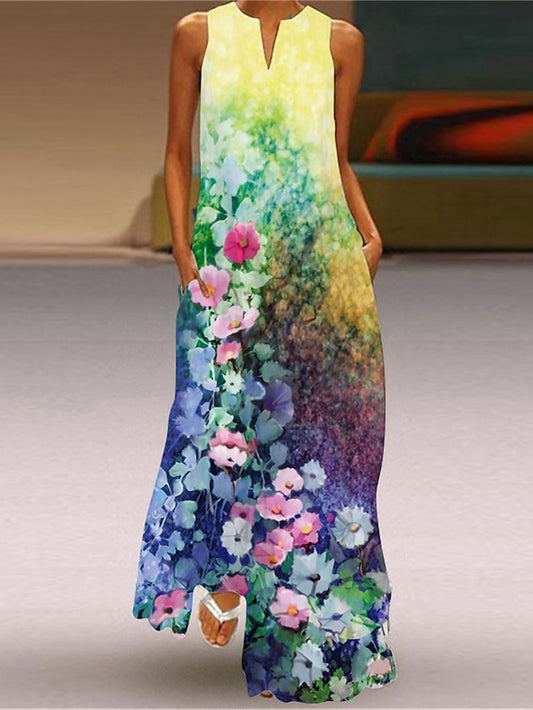 Women's Dress - Long Dress Maxi Dress Casual Dress Swing Dress Tank Dress Floral Heart Fashion Casual Outdoor Daily Vacation Print Short Sleeve V Neck Dress Regular Fit Yellow Gold Green Spring Summer S M L