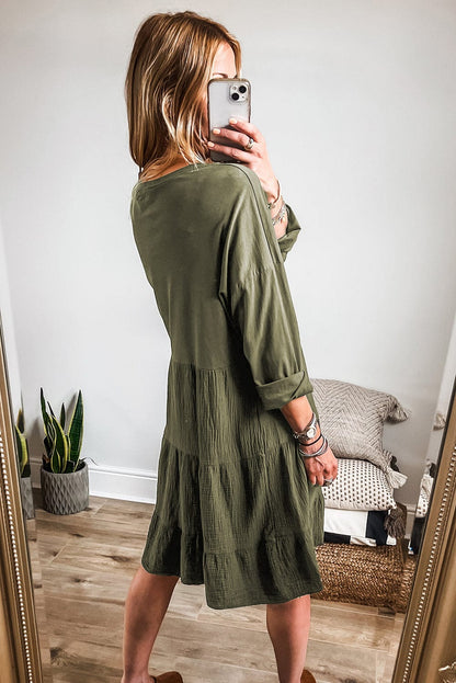 Moss Green Tiered Patchwork Mini Dress with Long Sleeves