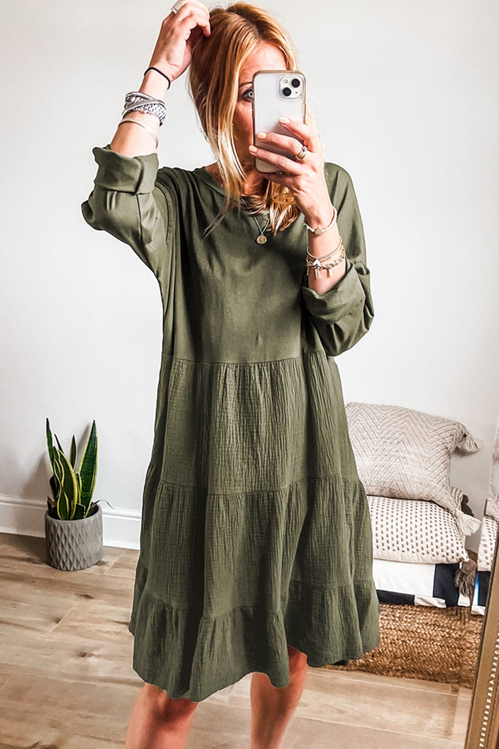 Moss Green Tiered Patchwork Mini Dress with Long Sleeves