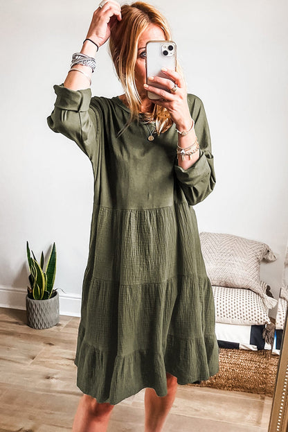 Moss Green Tiered Patchwork Mini Dress with Long Sleeves