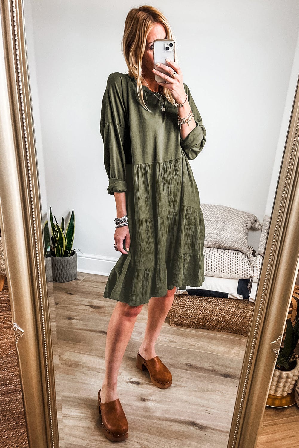 Moss Green Tiered Patchwork Mini Dress with Long Sleeves