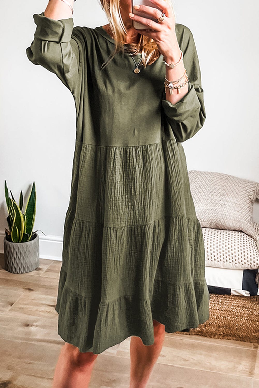 Moss Green Tiered Patchwork Mini Dress with Long Sleeves