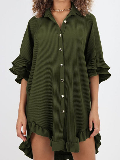 Mossy Green Pleated Shirt Dress with Ruffle Sleeves