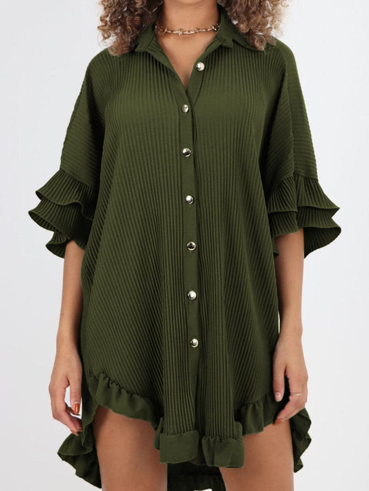 Mossy Green Pleated Shirt Dress with Ruffle Sleeves