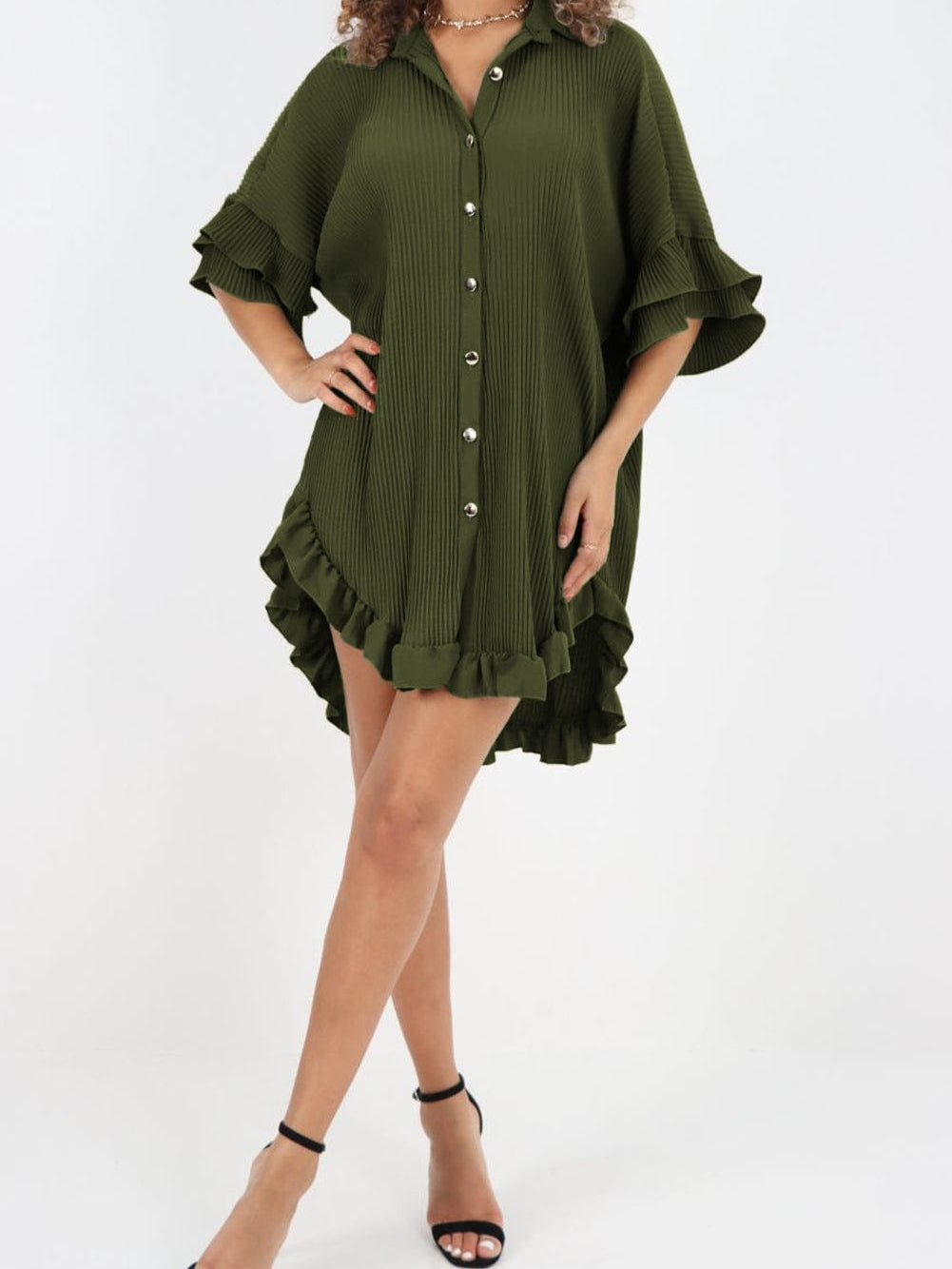 Mossy Green Pleated Shirt Dress with Ruffle Sleeves