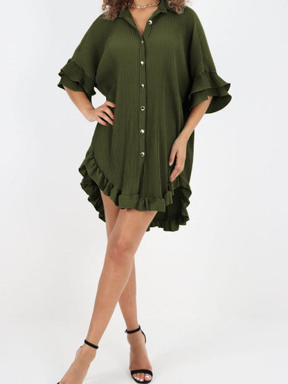 Mossy Green Pleated Shirt Dress with Ruffle Sleeves